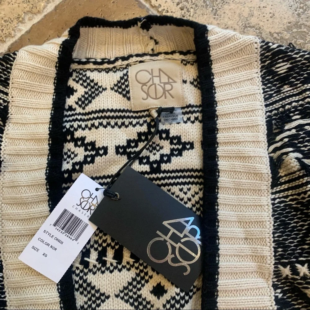 Chaser Contrast Stitch Cardigan Sweater Cream Black XS